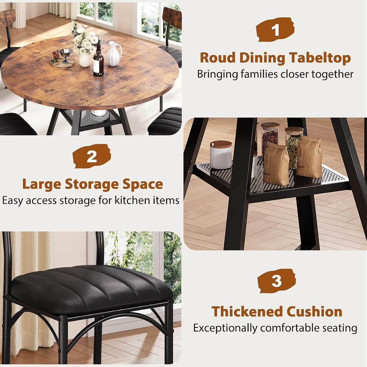 Modern Farmhouse Round Dining Table Set with Storage Shelf