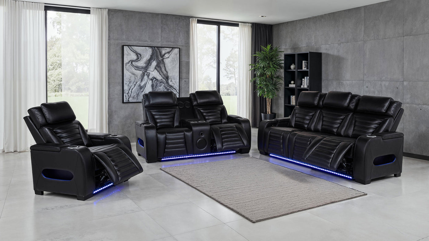 Zuma Faux Leather Dual Power Reclining LED Sofa Black