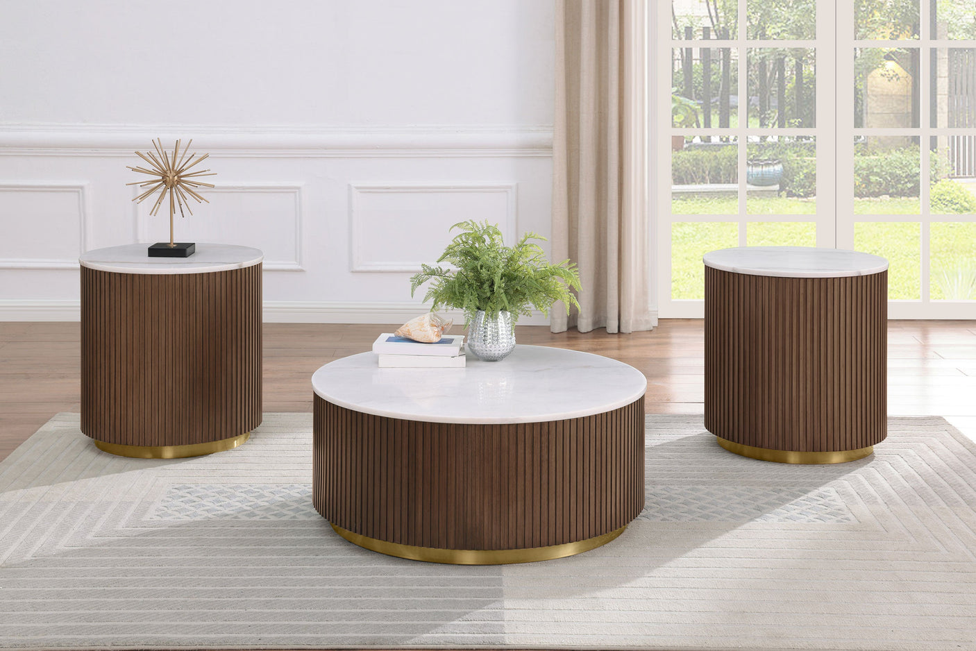 Jason Round White Marble Top Side End Table Greige