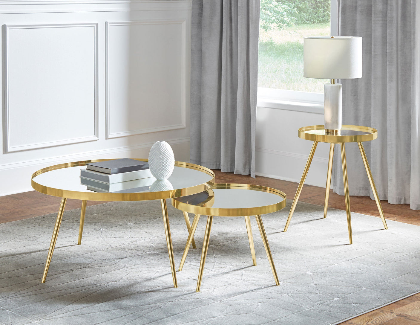 Kaelyn Round Mirror Top Nesting Coffee Table