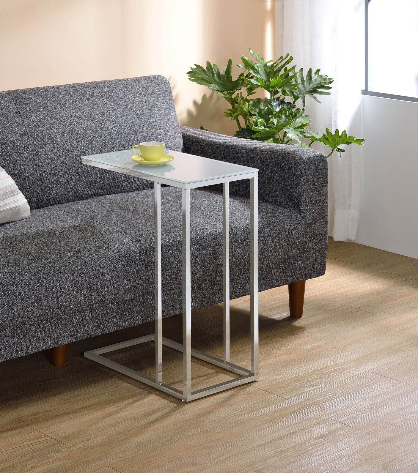 Stella White Glass Top C-Shaped Sofa Side Table Chrome