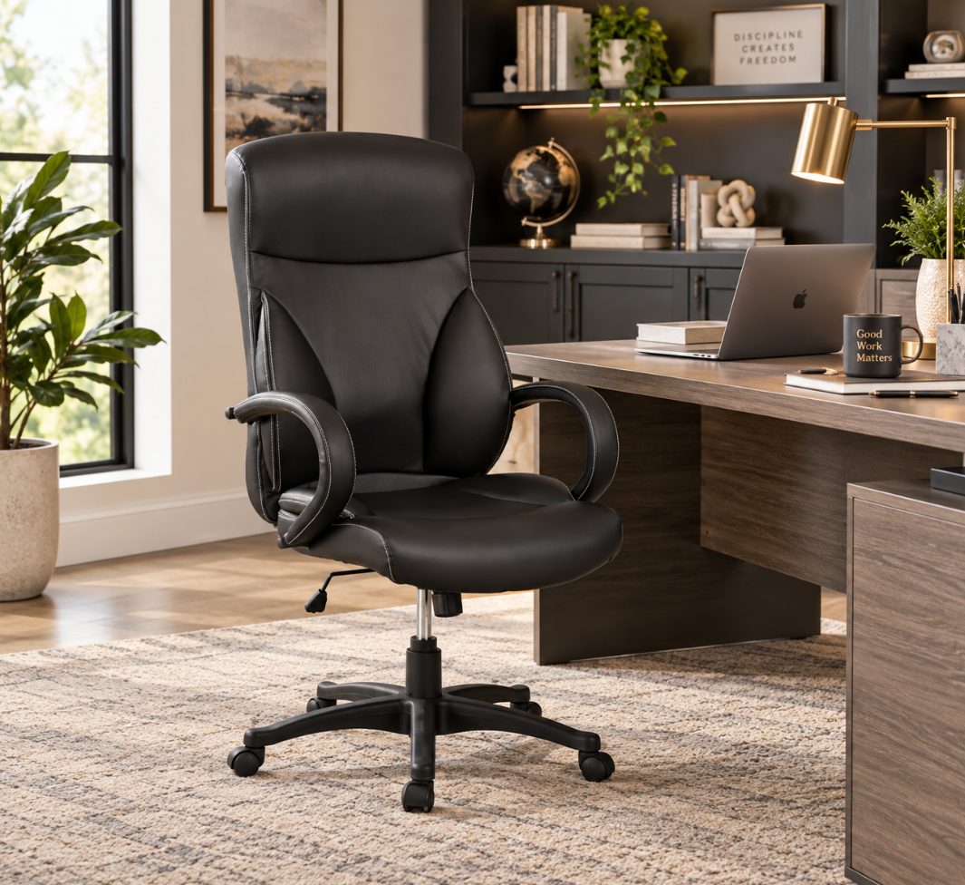 High Back Executive Office Chair with Adjustable Seat Height and Vinyl Upholstery