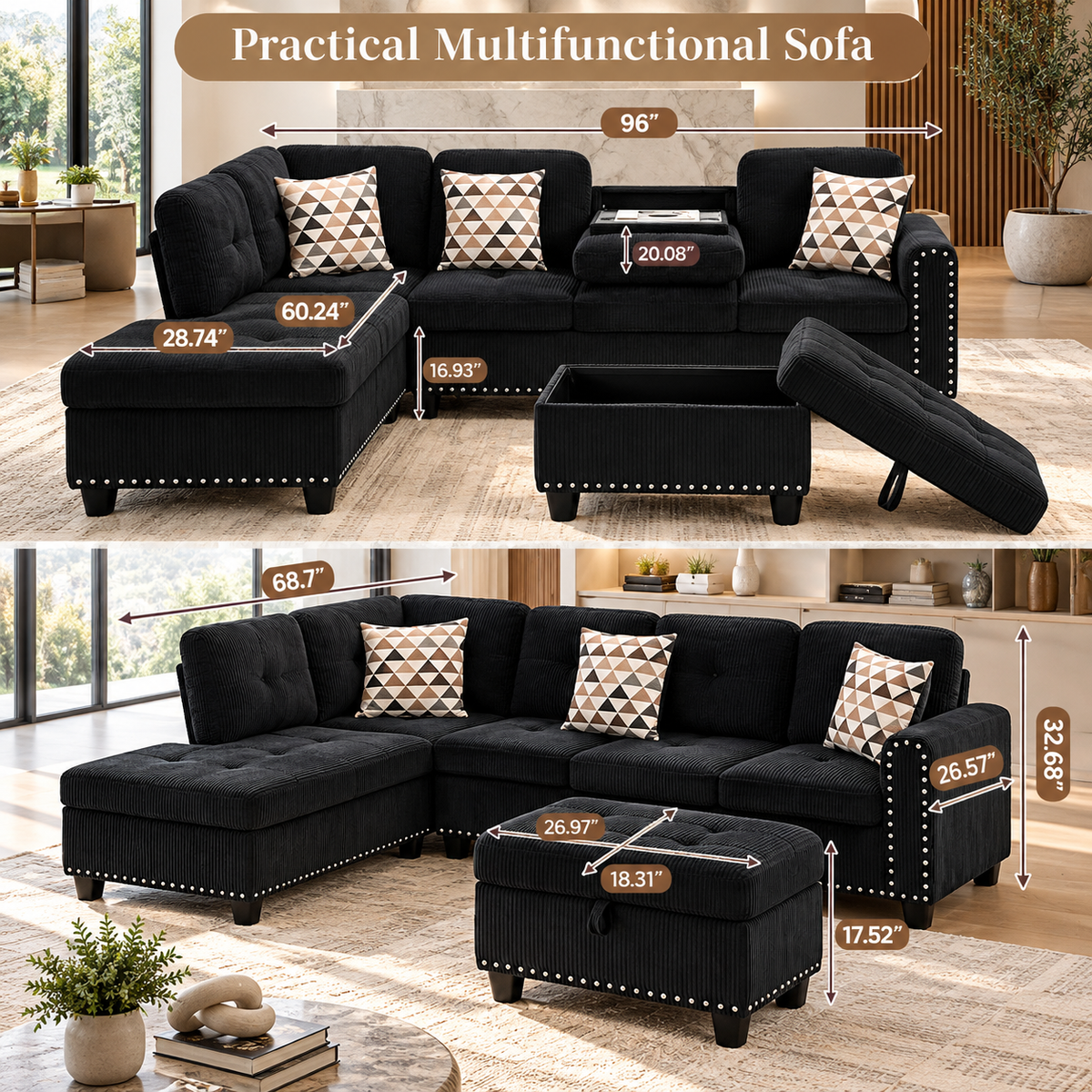 Esther Corduroy Sectional With Free Ottoman