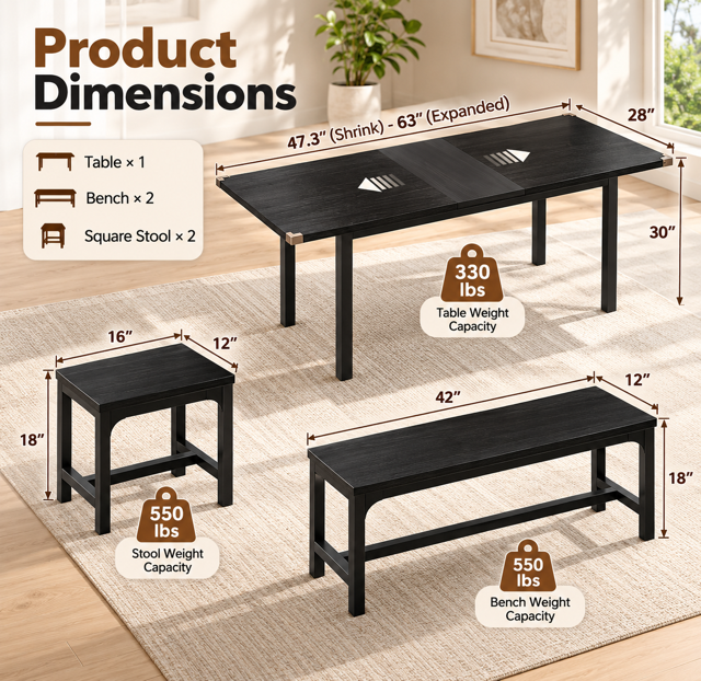 Fanny Table w/2 Stools and 2 Benches