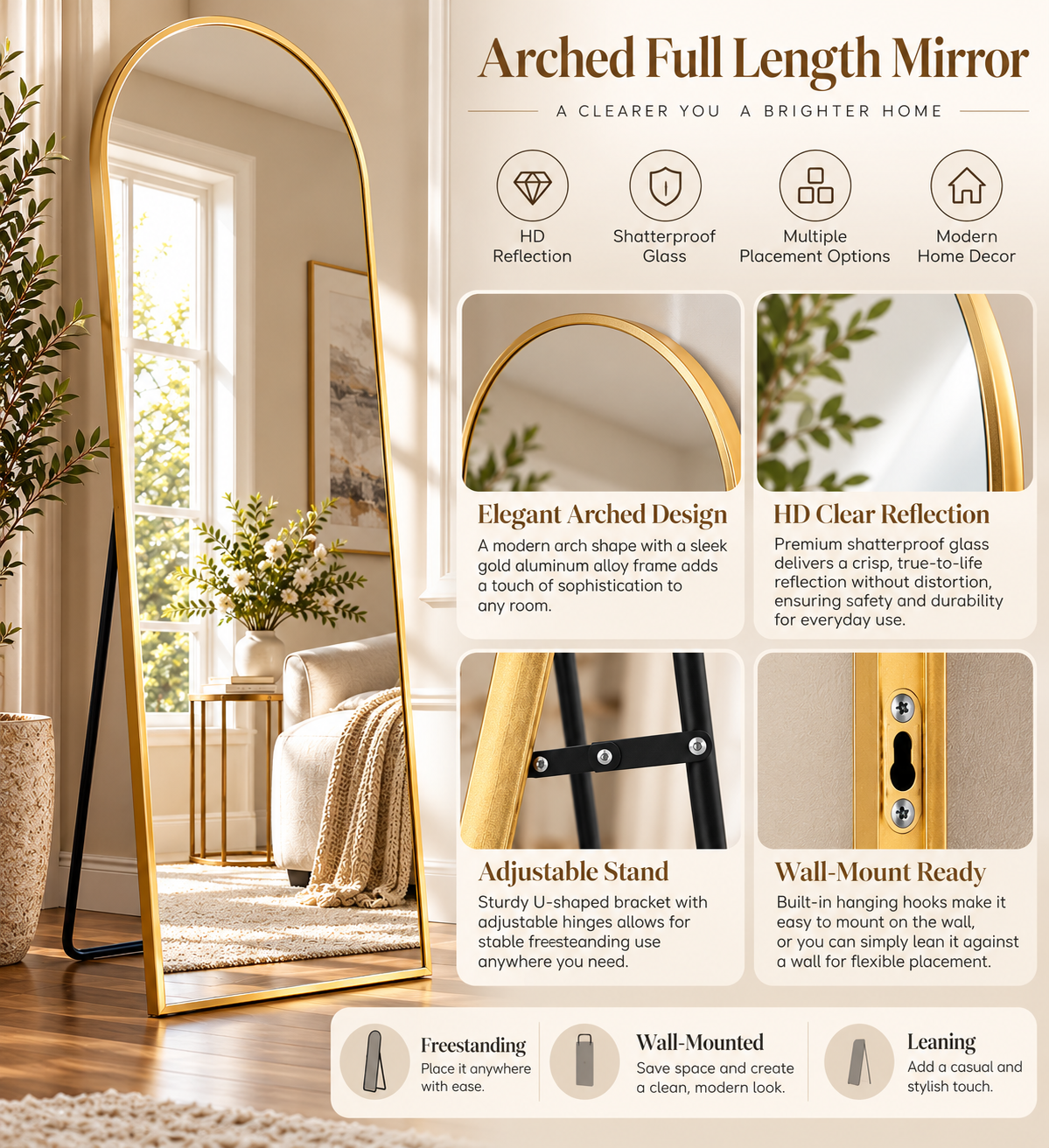 Aurelia 70" Arched Floor Mirror – Gold