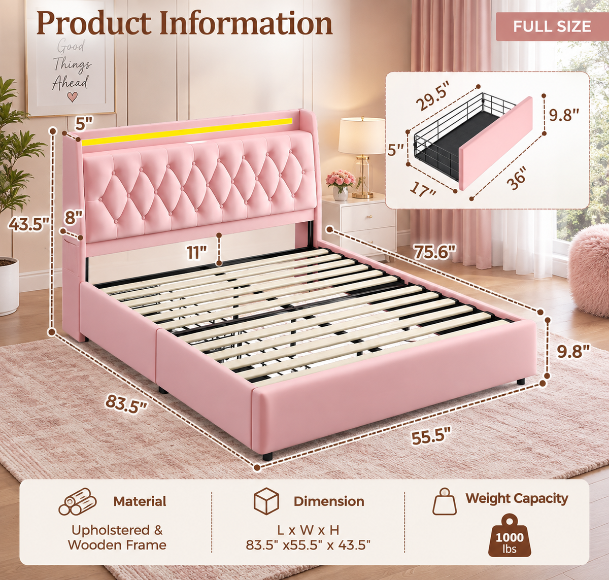 Bella Blush LED Storage Bed