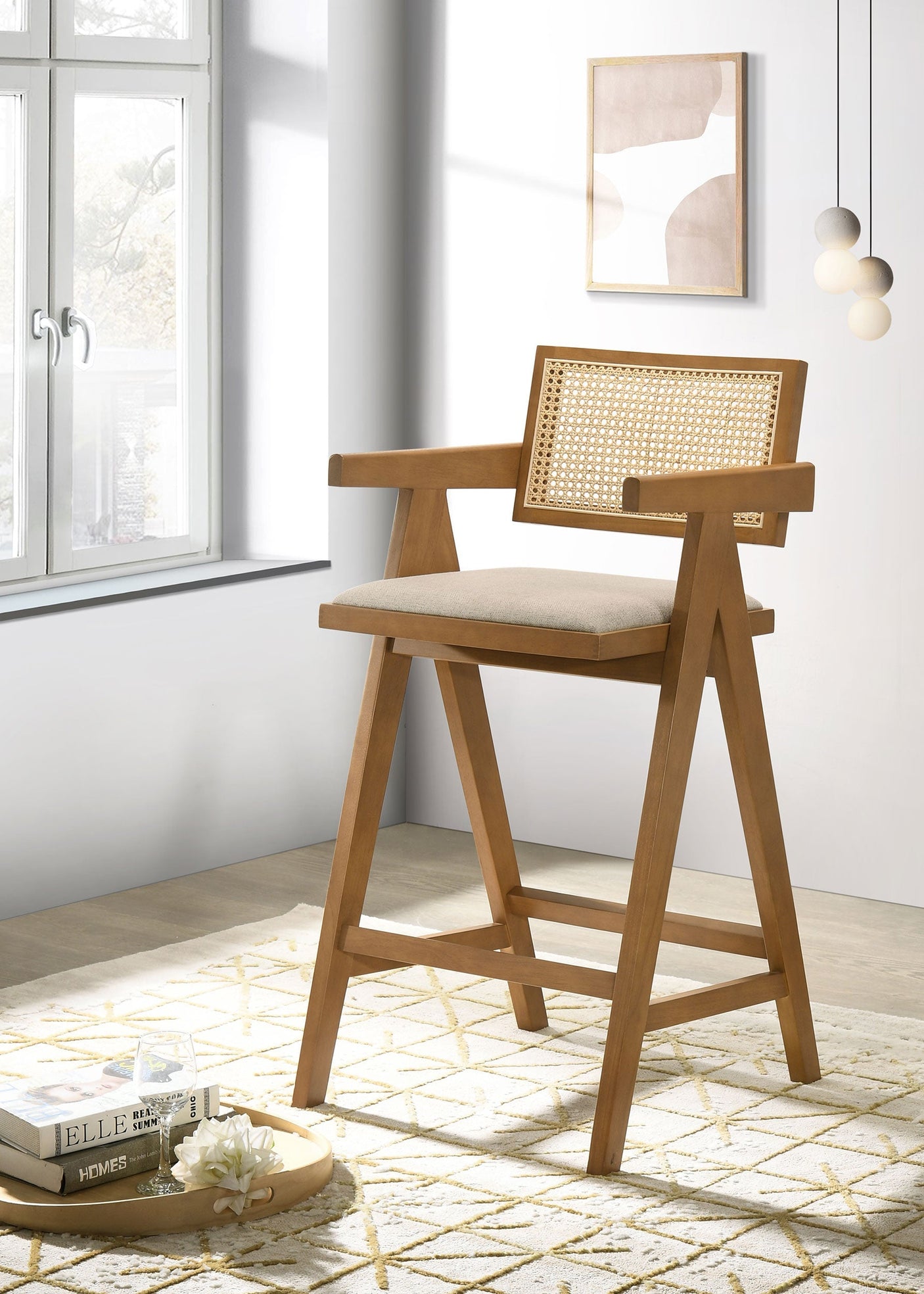 Kane Woven Rattan Wood Bar Chair Light Walnut (Set of 2)