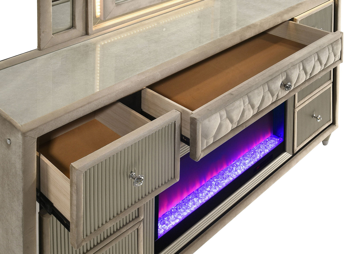 Lorient 8-drawer LED Flame Box Dresser and Mirror Ivory Camel
