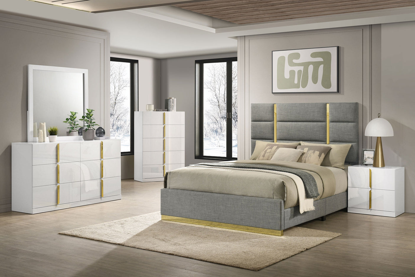 Ines Bedroom Set Grey and White High Gloss