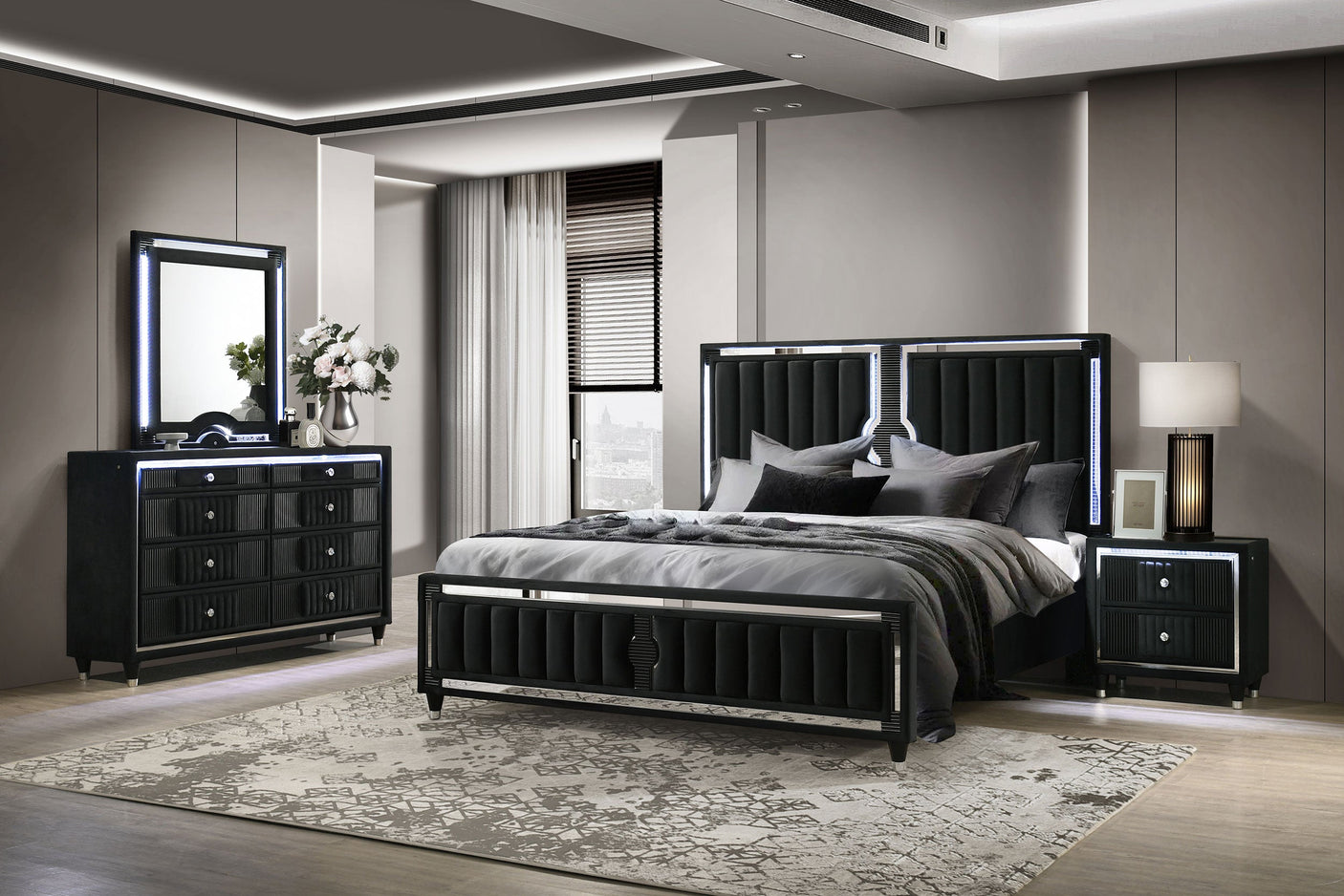 Ravenne Velvet Upholstered LED Bedroom Set