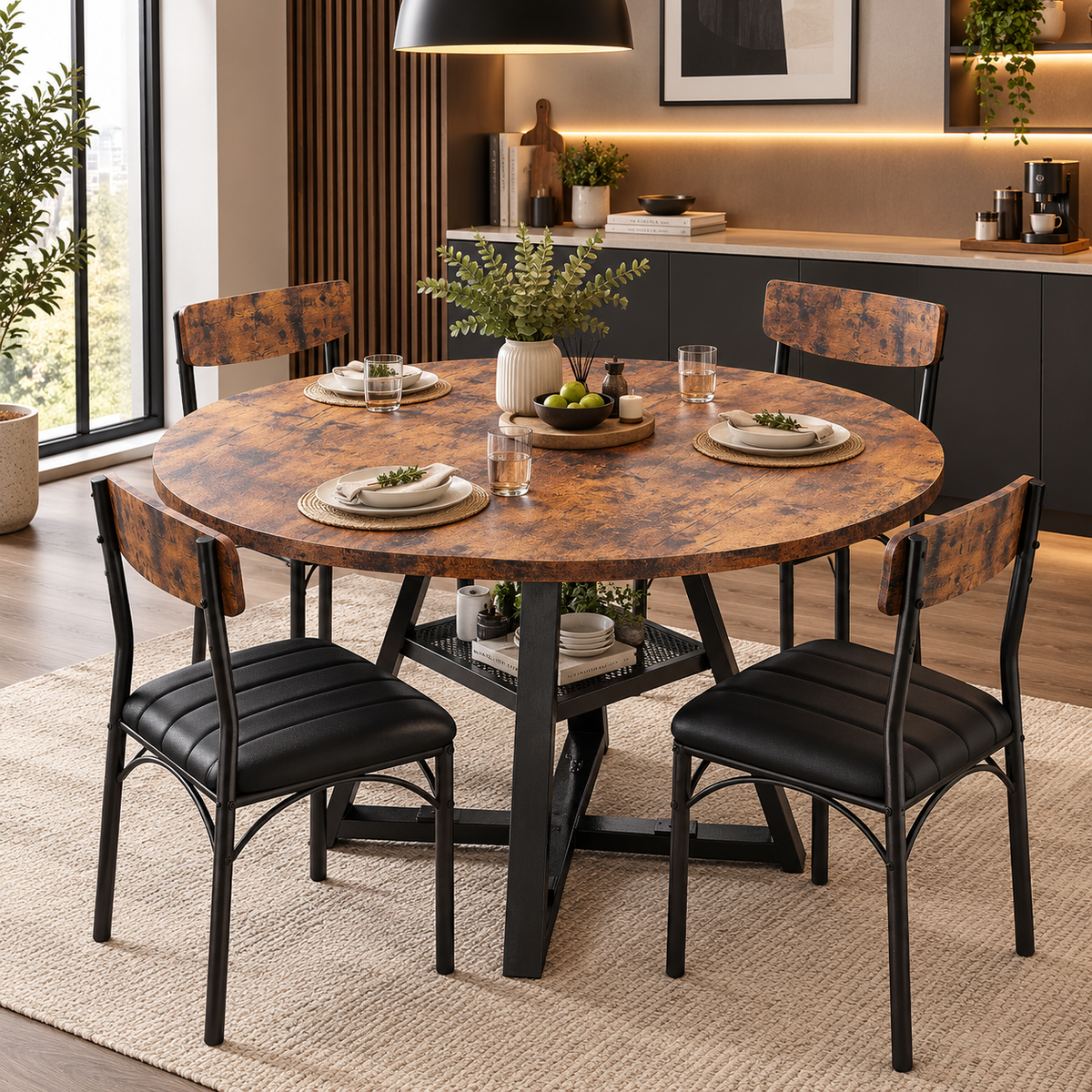Modern Farmhouse Round Dining Table Set with Storage Shelf