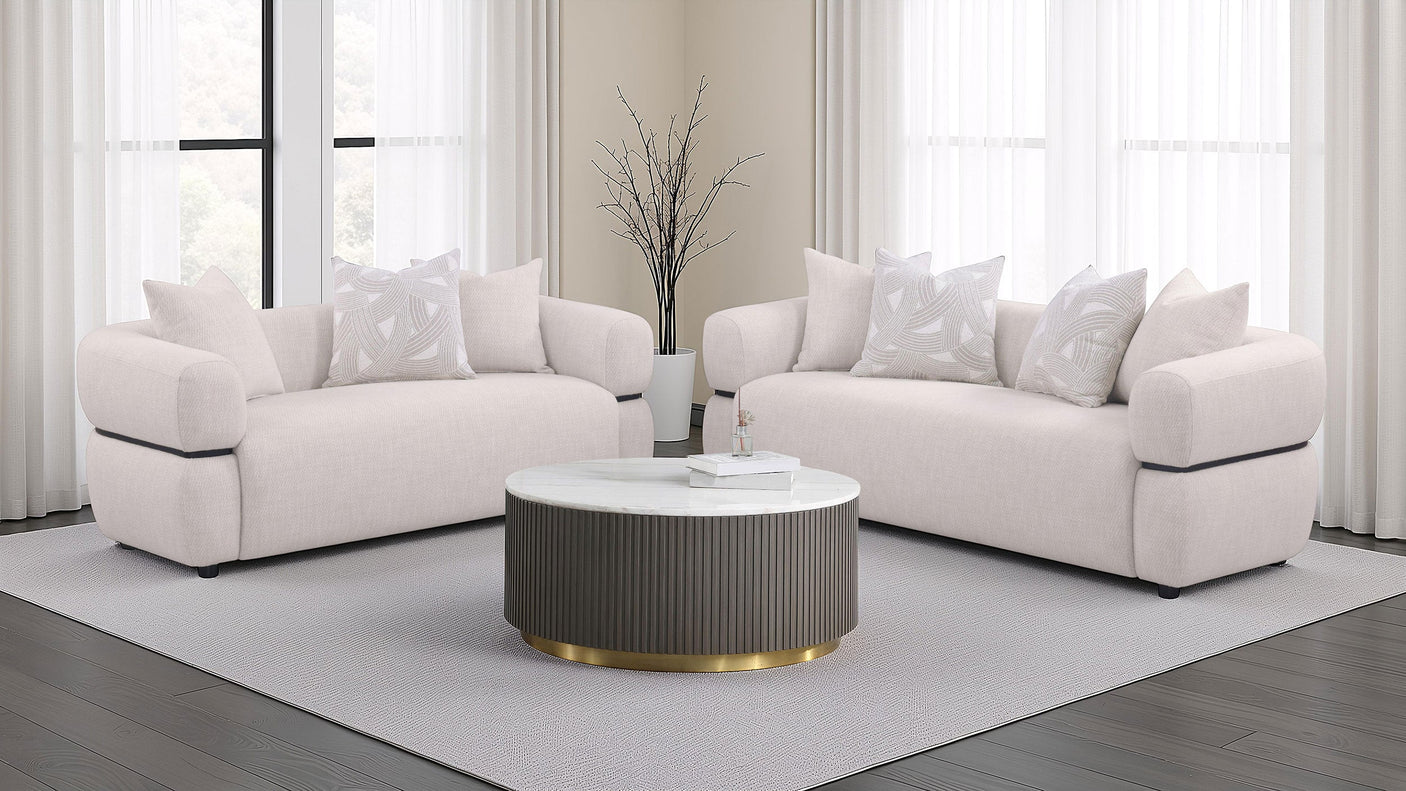 Jeanette Fabric Upholstered Round Arm Sofa Set Beige