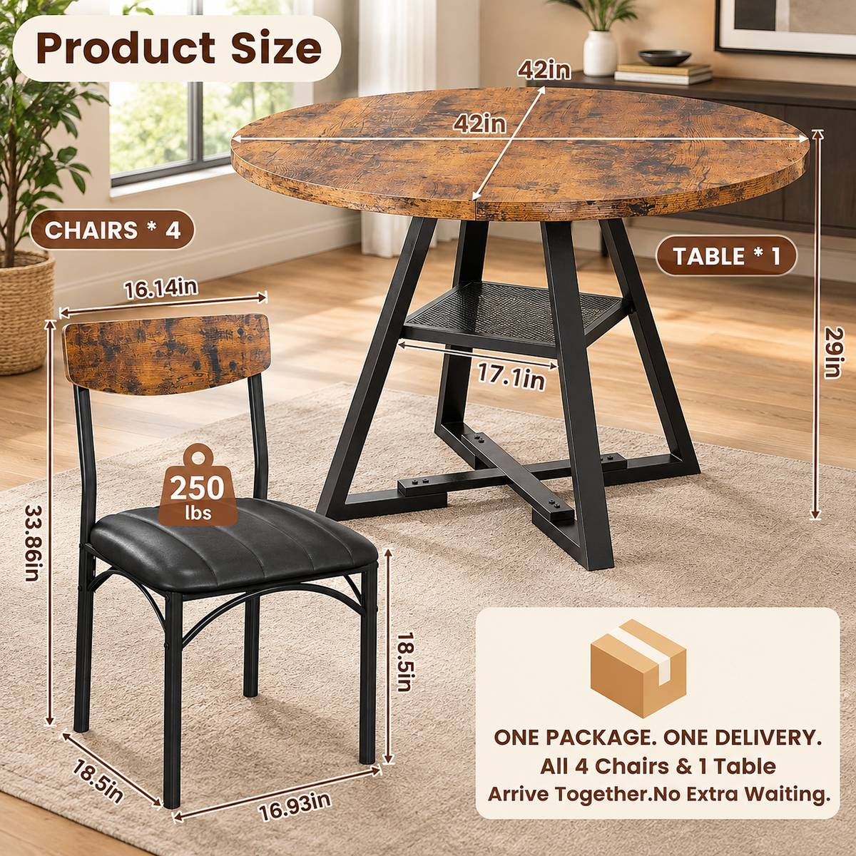 Modern Farmhouse Round Dining Table Set with Storage Shelf