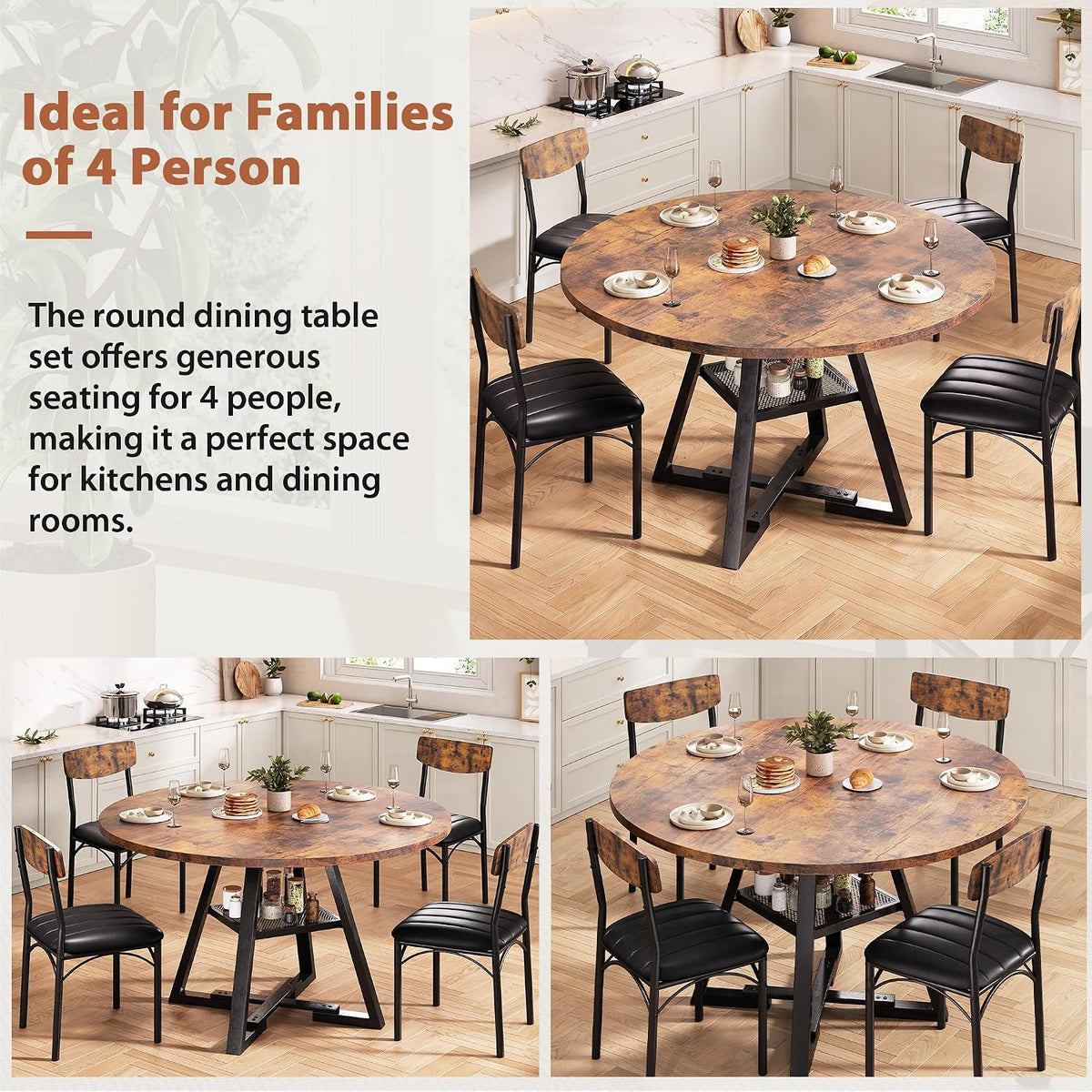 Modern Farmhouse Round Dining Table Set with Storage Shelf