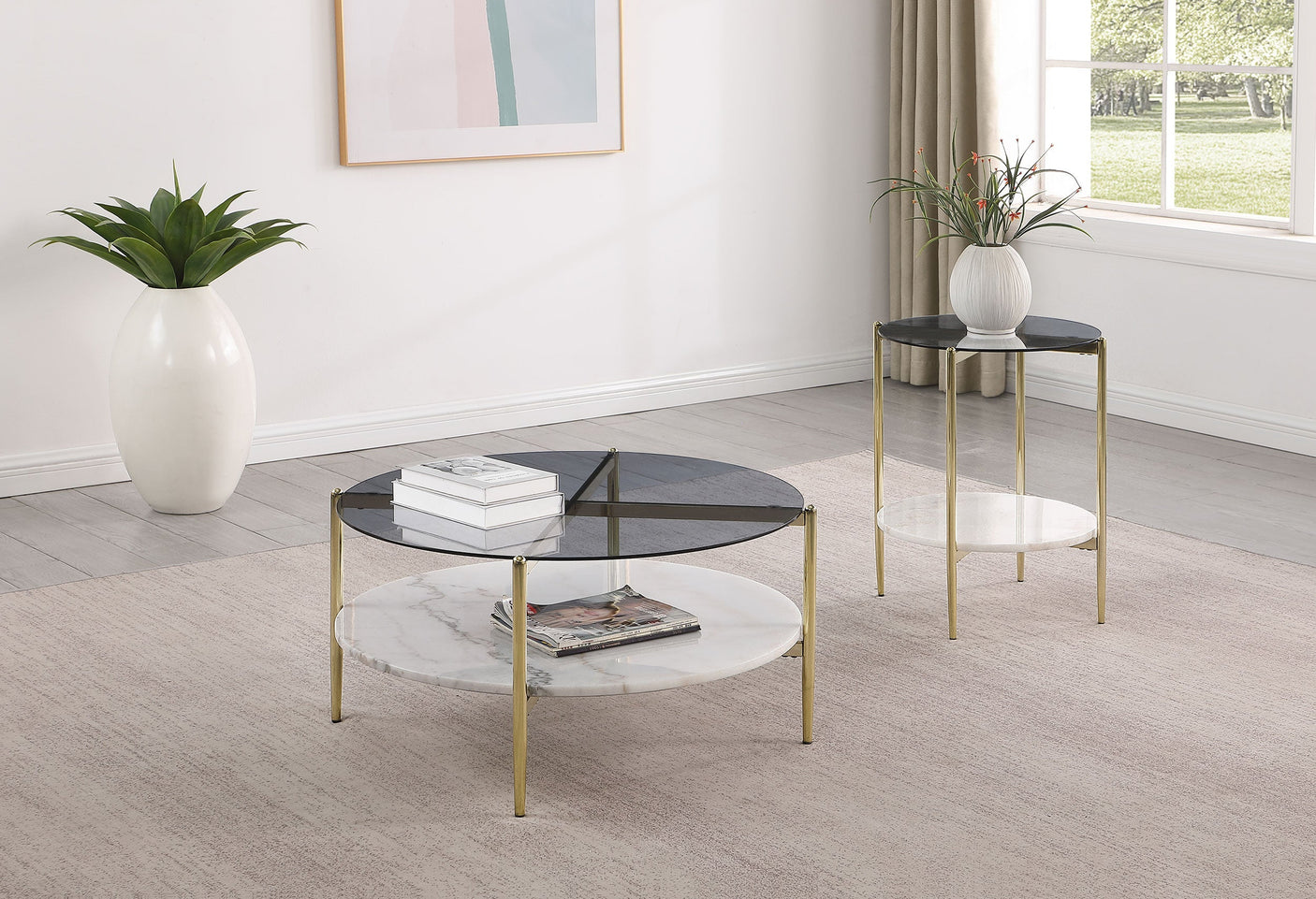 Jonelle Round Coffee and End Table Set Gold