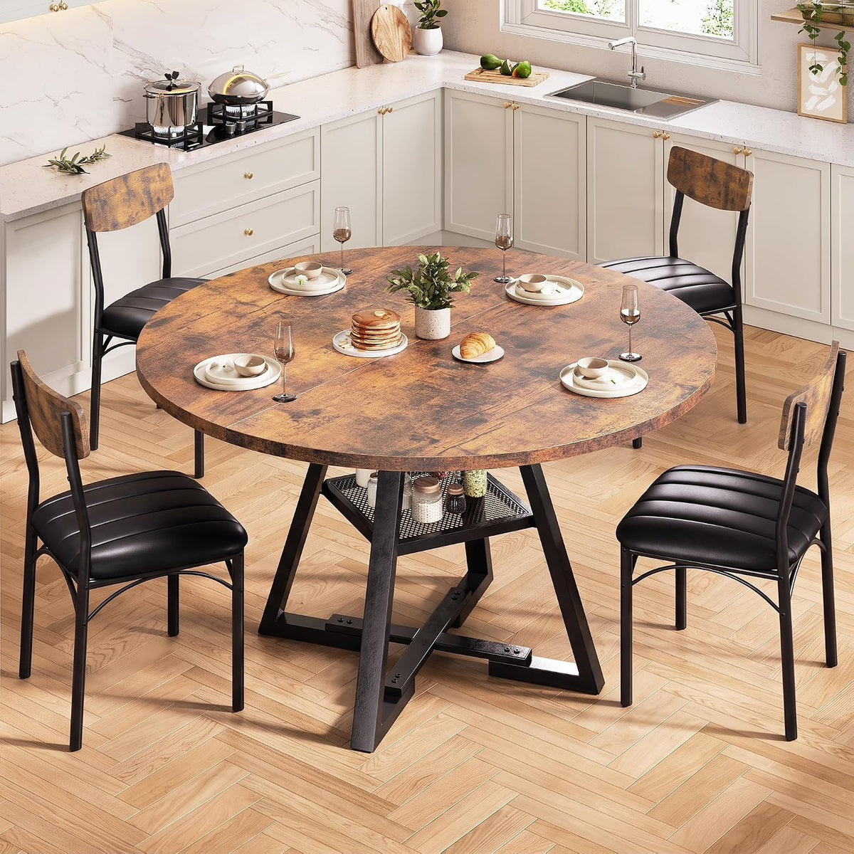 Modern Farmhouse Round Dining Table Set with Storage Shelf