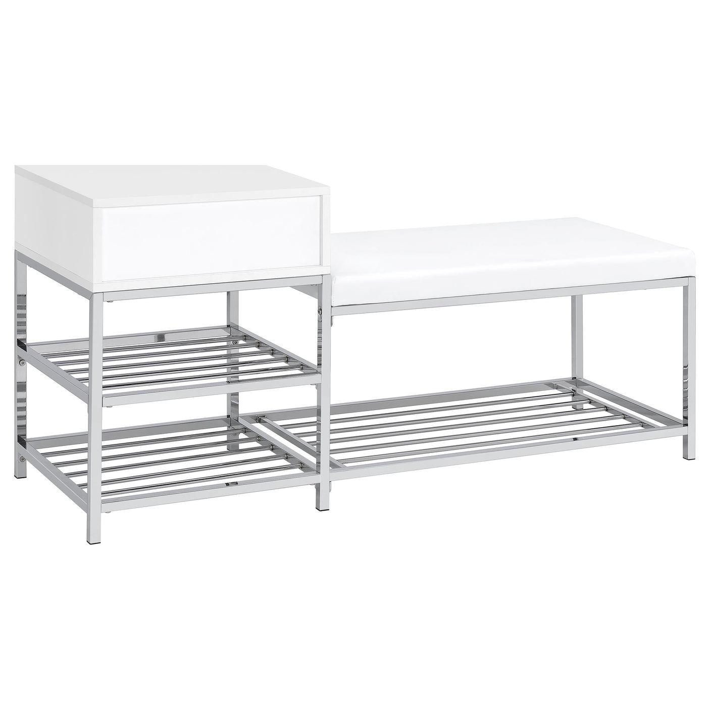 Siega 1-Drawer Shoe Storage Entryway Bench White High Gloss and Chrome