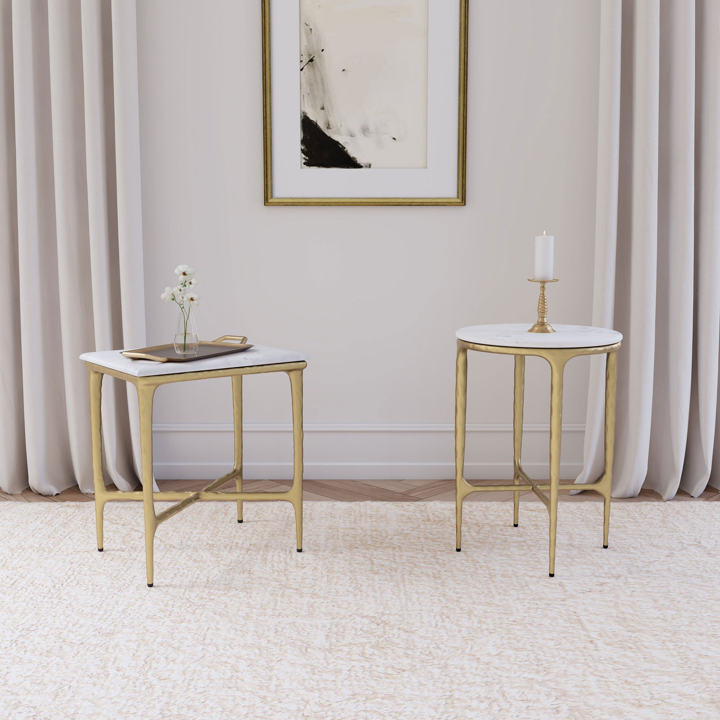 Baldwin Round Marble Top Side Table White and Gold