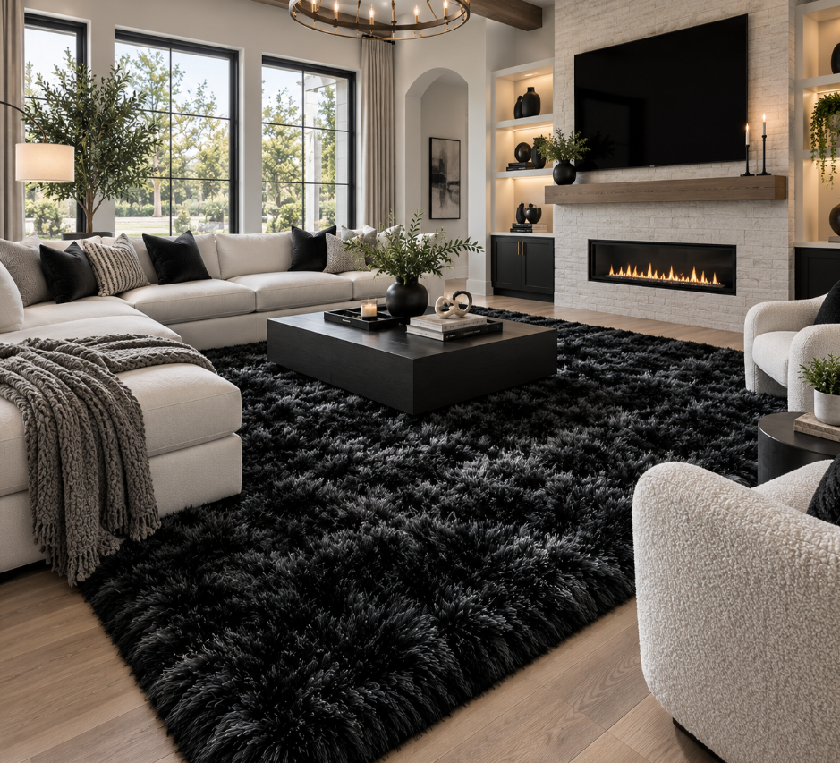 Soft black Fluffy Shag Rug 8' x 10'