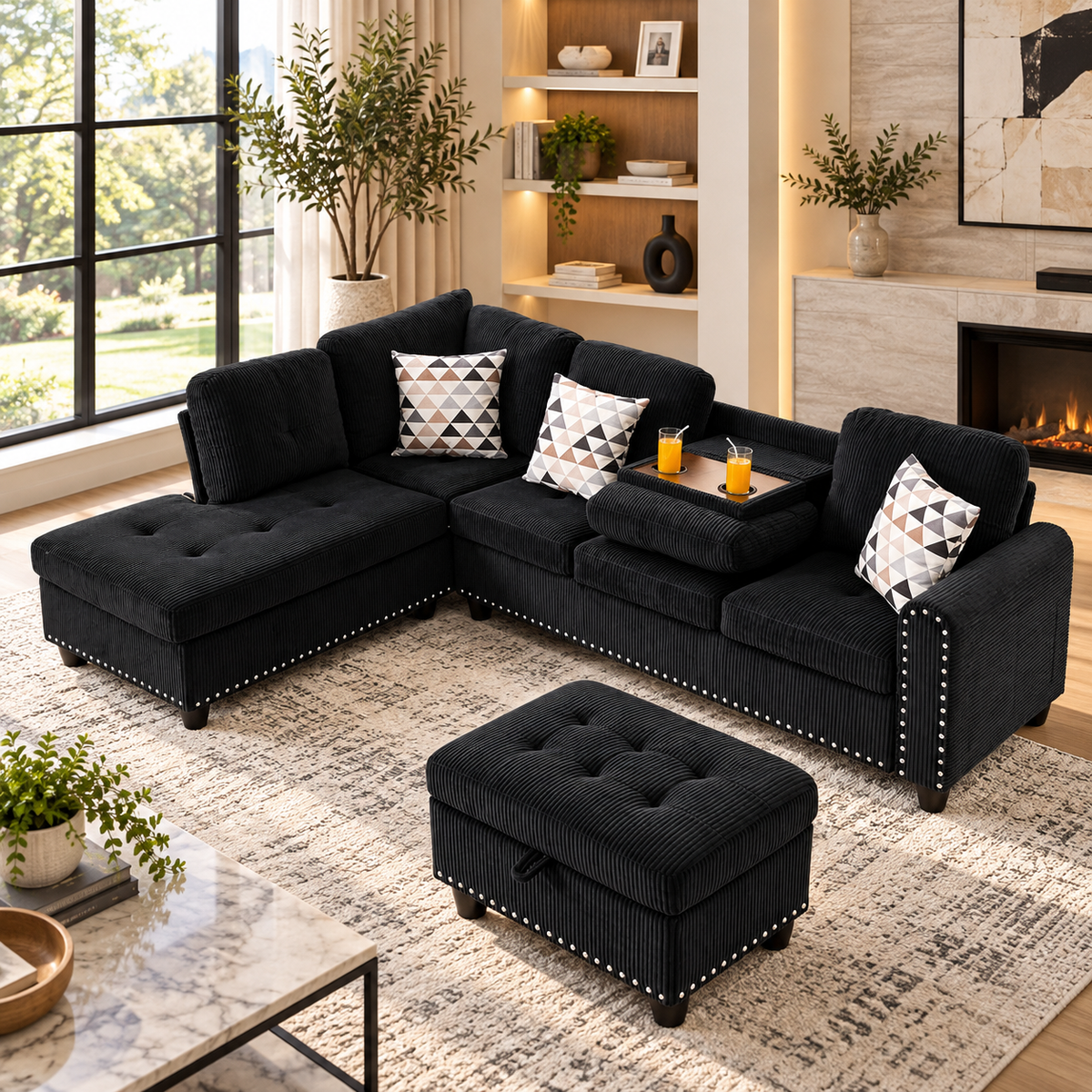 Esther Corduroy Sectional With Free Ottoman
