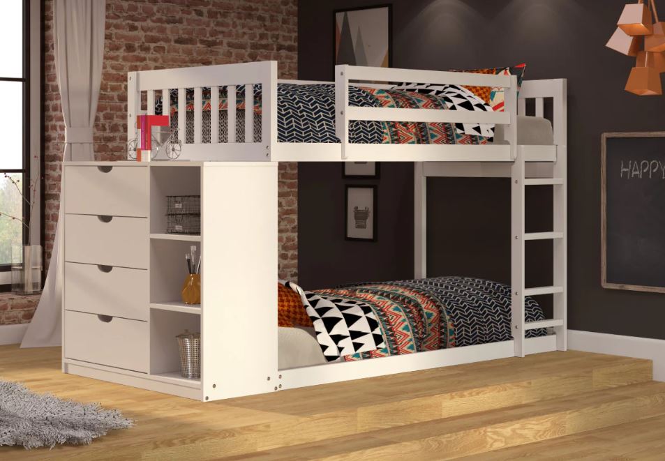Neko Twin/ Twin Bunk Bed with 4 Drawer Dresser & Shelves