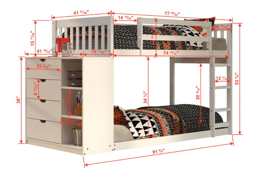 Neko Twin/ Twin Bunk Bed with 4 Drawer Dresser & Shelves