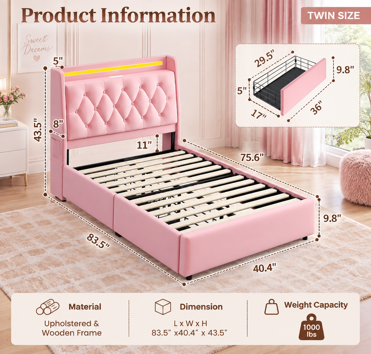 Bella Blush LED Storage Bed