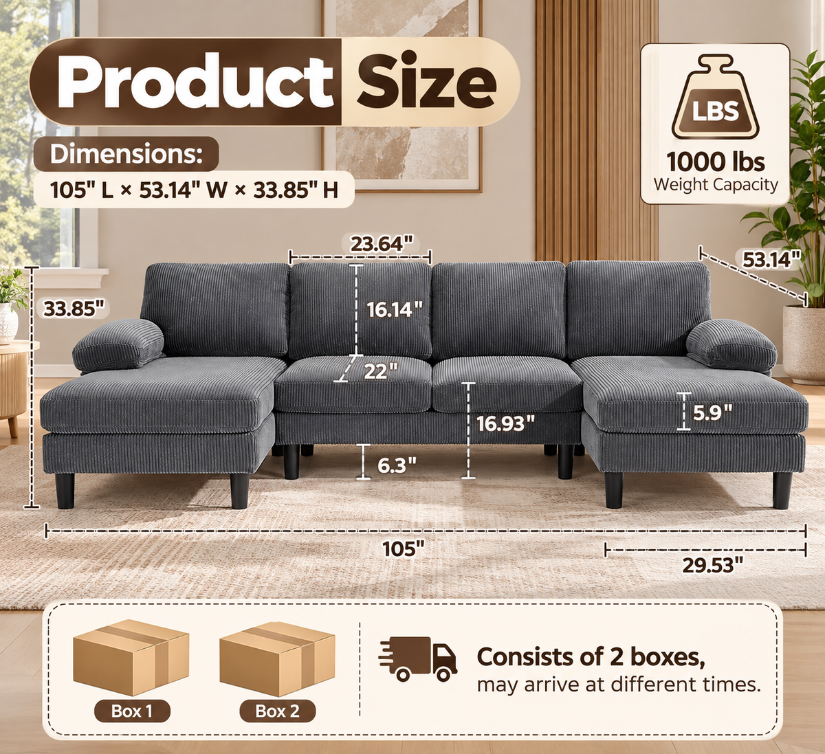 Suriel Corduroy Sectional – Grey
